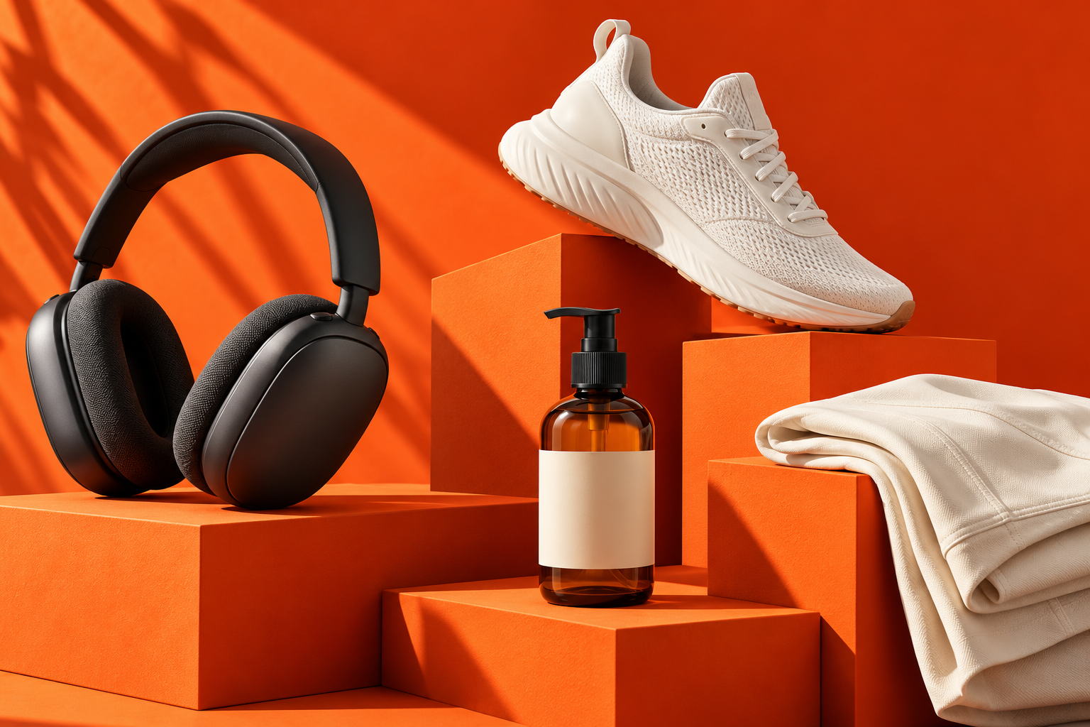 Premium retail products arranged on bold orange architectural plinths